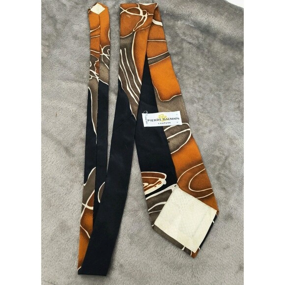 Vintage Pierre Balmain Couture Silk Tie Orange Black Abstract Design Necktie 54" - Picture 3 of 7